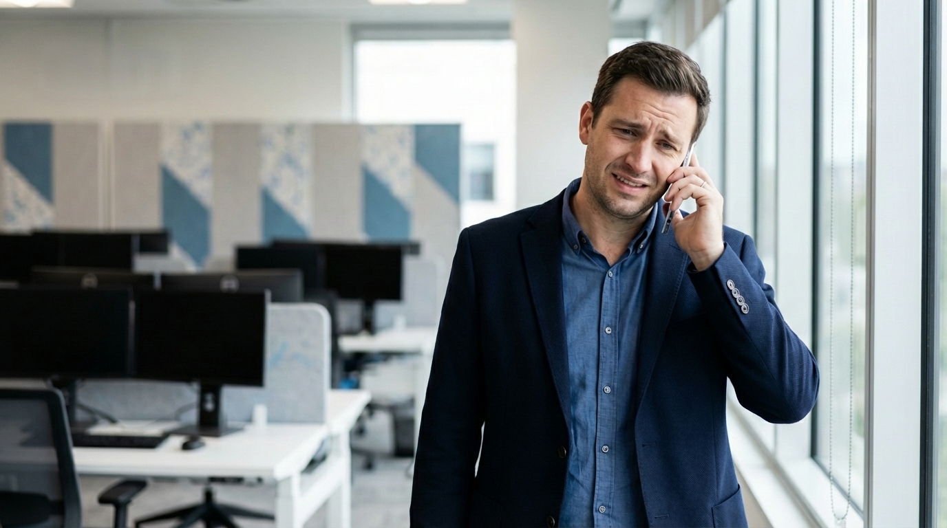 A man with a concerned expression talks on a phone in an office with blurred empty desks in the background.