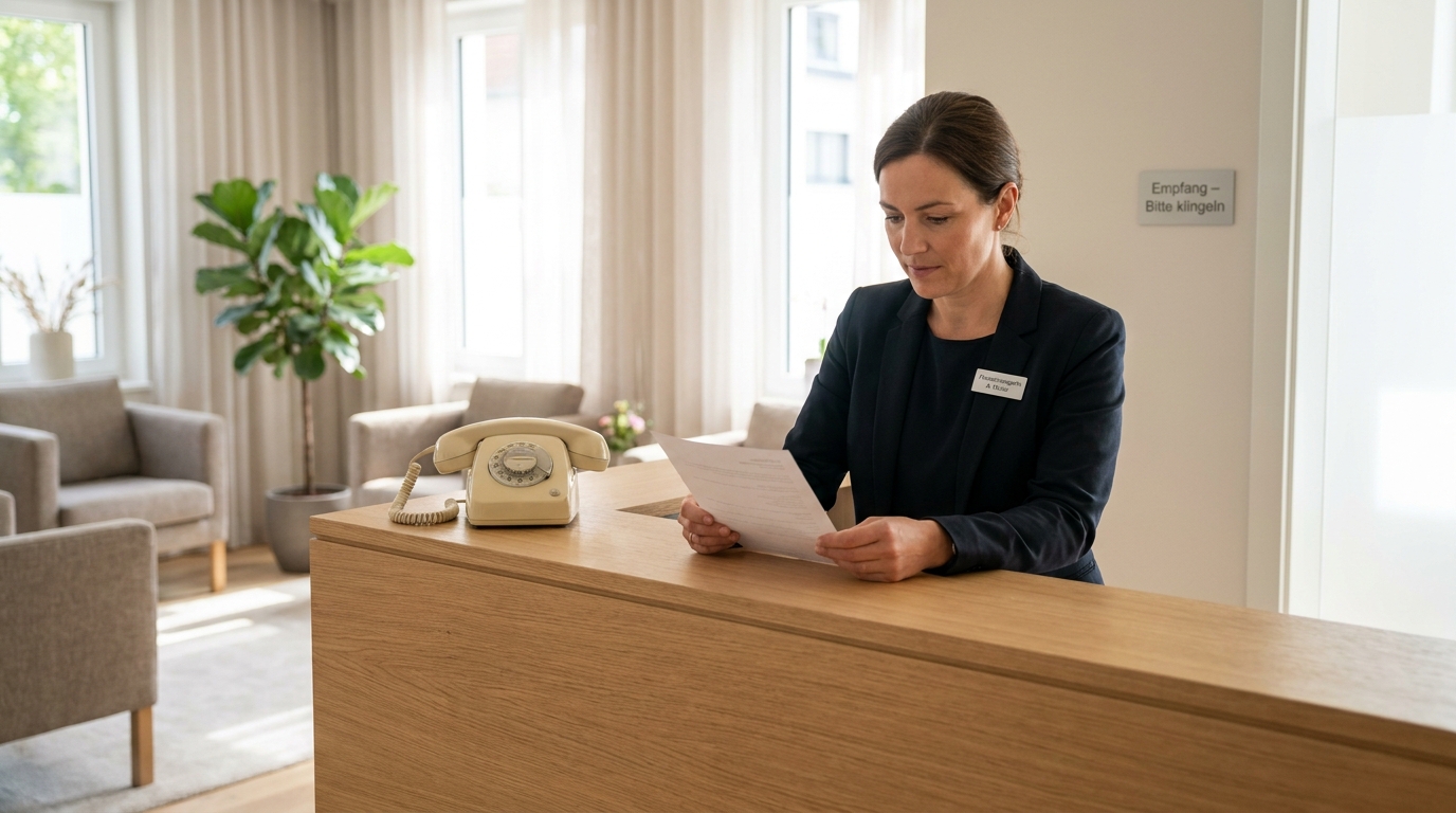 Eine Praxismanagerin arbeitet konzentriert an einem Empfangstresen in einer modernen Arztpraxis.