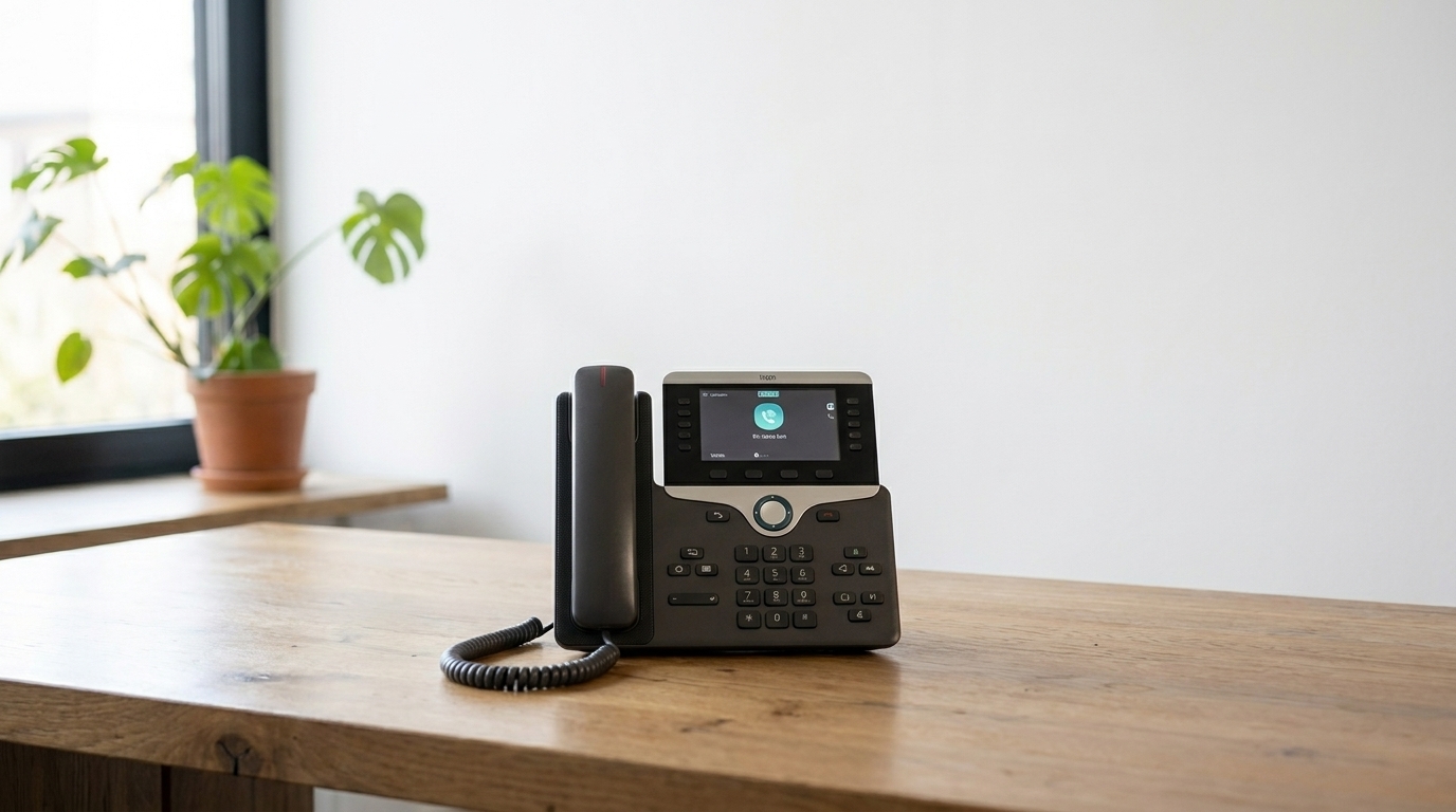 Ein IP-Telefon steht auf einem Holztisch vor einer hellen Wand mit einer Pflanze im Hintergrund.
